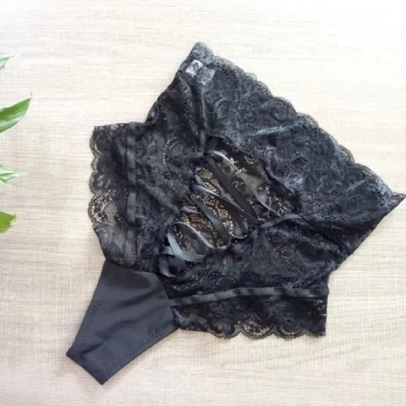 BLACK LACE THONG HIGH WAISTED PANTIES UNDERWEAR SEXY Stretch Stripper Lingerie - Picture 2 of 3
